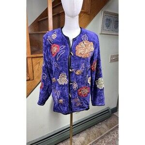 Alex Kim Blazer Jacket Petite Size PL Purple Embroidered Floral Lined Artsy Boho